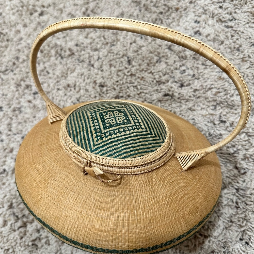 Handcrafted Tan and Green Woven Basket